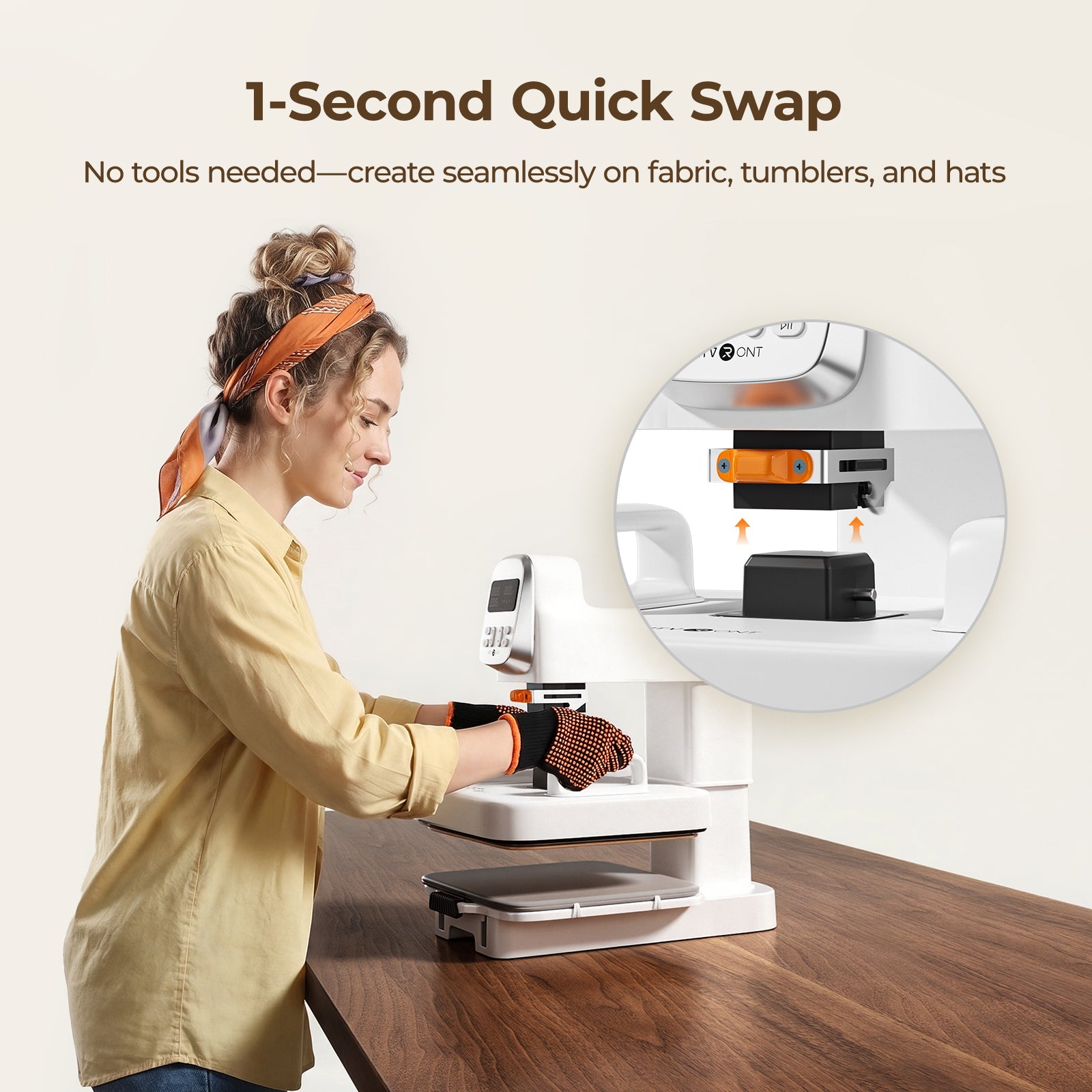 A person is changing a multi heat press accessory, accompanied by text explaining the "1-second quick change" feature.(EU)