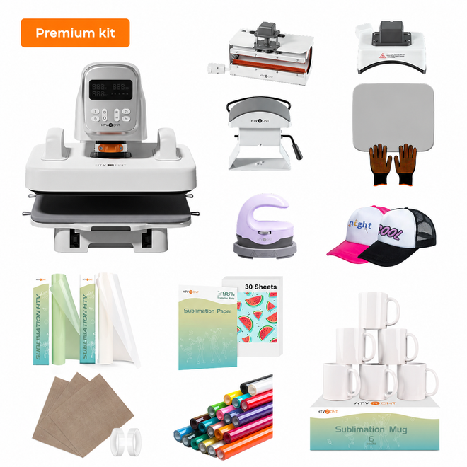 HTVRONT A100 auto heat press start-up kit with tumbler, hat attachments, sublimation blanks, vinyl, and accessories for beginners
