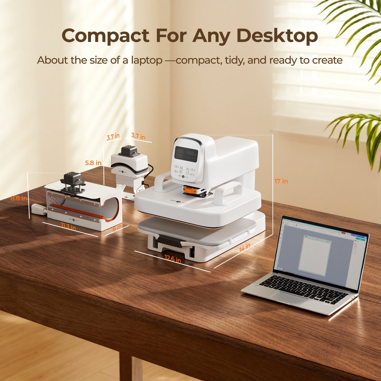 A100 multi heat press on a desk with text about its size and features(EU)