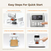 Step-by-step guide for using a multi heat press machine with text instructions.