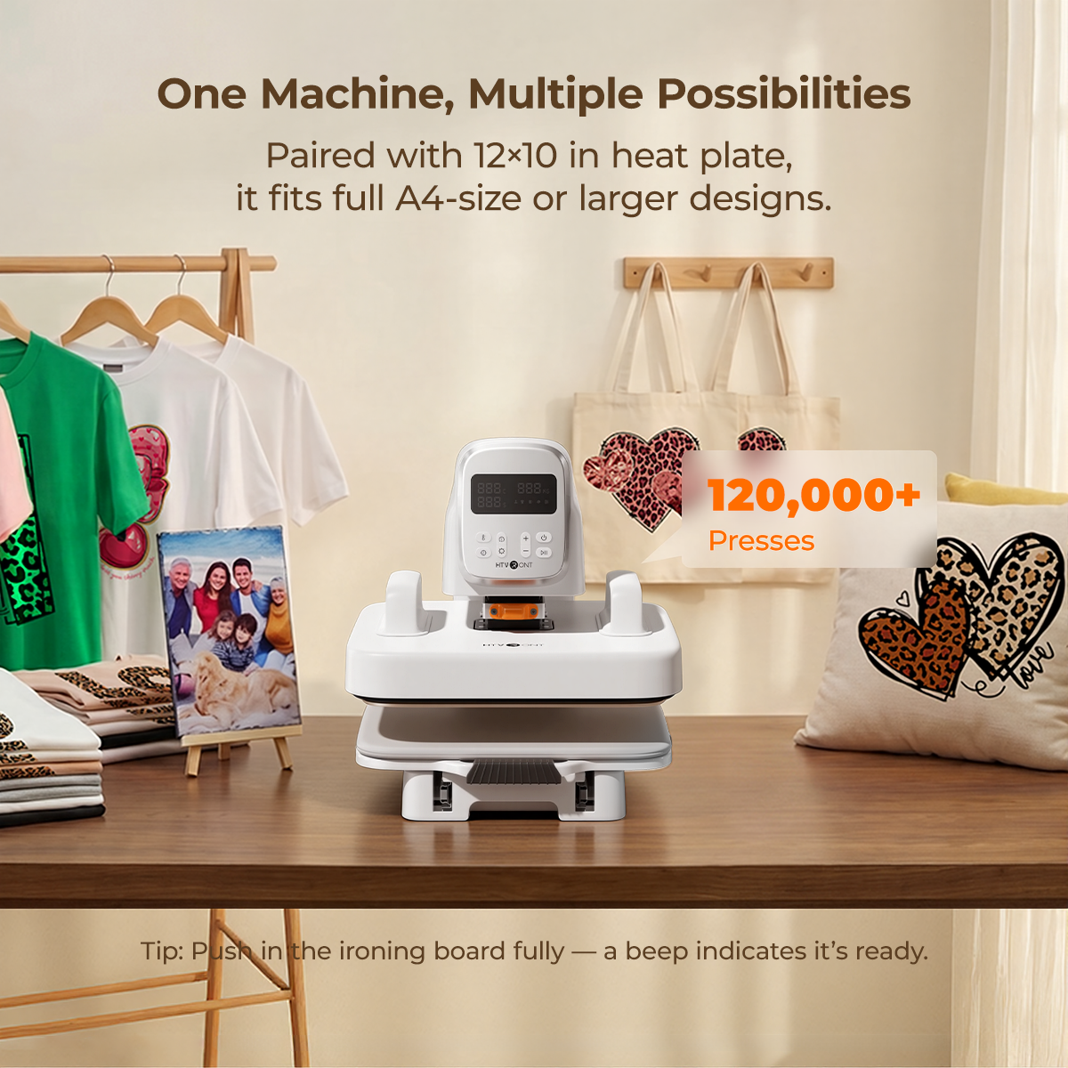Auto Multi Heat press machine on a table with printed items like t-shirts, bags, and a pillow in a home setting.(EU)