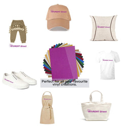 Collection of branded merchandise including a cap, shoes, apron, t-shirt, and tote bag with HTVROHT Direct branding.