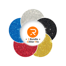 Five glittery circles in blue, silver, black, red, and gold with a white center displaying an orange logo and text.