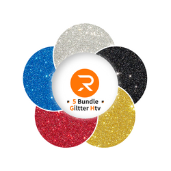 Five glittery circles in blue, silver, black, red, and gold with a white center displaying an orange logo and text.