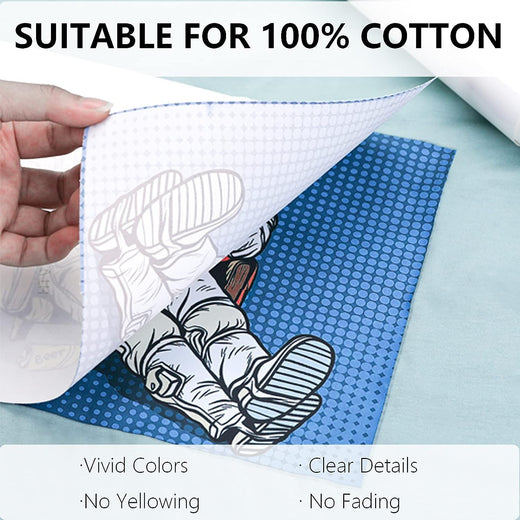 Hand holding a white fabric sample over a blue mat with shoe design, text indicating suitability for 100% cotton.