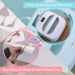 Heat press machine with text 'Heats Up Quickly And Effectively' and 'Easy to Cut & Weed & Peel Without Tear'.